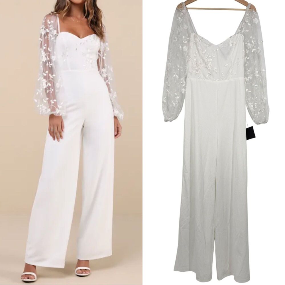 Lulus White Mesh Overlay Embroidered Jumpsuit Size M Bridal Bachelorette Wedding